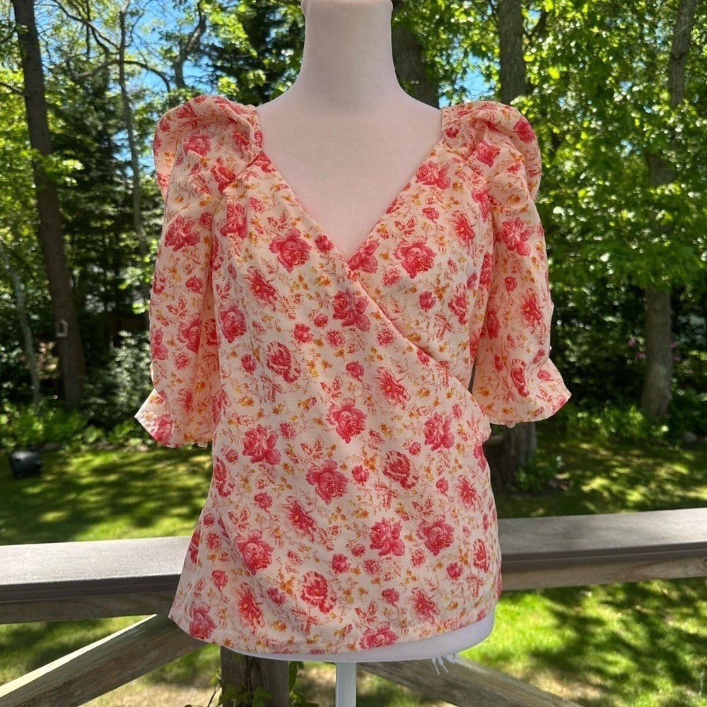 Something Navy Fitted Floral Surplice Top Small